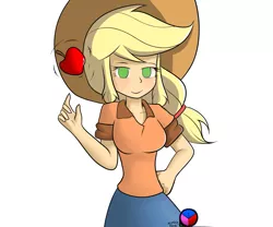 Size: 953x794 | Tagged: apple, applejack, artist:genericmlp, clothes, cowboy hat, cute, denim skirt, derpibooru import, food, freckles, hat, human, humanized, safe, shirt, simple background, skirt, solo, stetson, white background