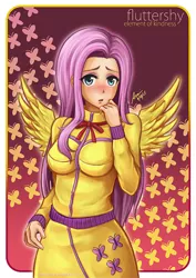 Size: 550x778 | Tagged: safe, artist:jatearica, derpibooru import, fluttershy, human, blushing, breasts, busty fluttershy, clothes, female, humanized, solo, tracksuit, winged humanization, wings