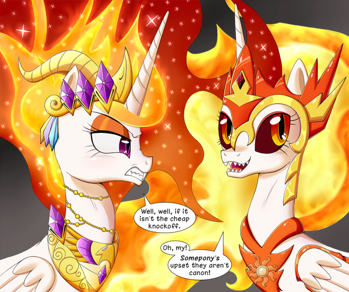 Size: 1000x837 | Tagged: safe, artist:deusexequus, derpibooru import, daybreaker, nightmare star, alicorn, pony, a royal problem, angry, crown, dialogue, duo, fangs, female, helmet, jewelry, looking back, mare, regalia, slit eyes, speech bubble, two flaming sunponies