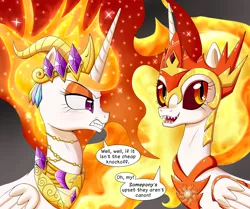 Size: 1000x837 | Tagged: safe, artist:deusexequus, derpibooru import, daybreaker, nightmare star, alicorn, pony, a royal problem, angry, crown, dialogue, duo, fangs, female, helmet, jewelry, looking back, mare, regalia, slit eyes, speech bubble, two flaming sunponies