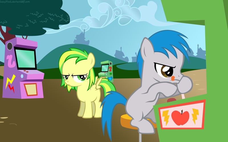 Size: 9600x6000 | Tagged: safe, artist:lazypixel, derpibooru import, oc, oc:the living tombstone, oc:wooden toaster, unofficial characters only, pony, absurd resolution, arcade, arcade game, hearts and hooves day, tongue out, vector, younger