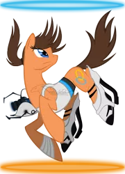 Size: 2696x3736 | Tagged: safe, artist:auveiss, derpibooru import, ponified, pony, chell, crossover, female, long fall horseshoe, mare, portal, portal (valve), portal gun, simple background, solo, transparent background, vector, watermark