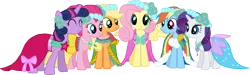 Size: 8606x2580 | Tagged: safe, artist:jennieoo, derpibooru import, applejack, fluttershy, pinkie pie, rainbow dash, rarity, twilight sparkle, earth pony, pegasus, pony, unicorn, a canterlot wedding, absurd resolution, alternate hairstyle, bridesmaid, bridesmaid dress, clothes, dress, eyes closed, female, mane six, mare, simple background, transparent background, vector, vector trace