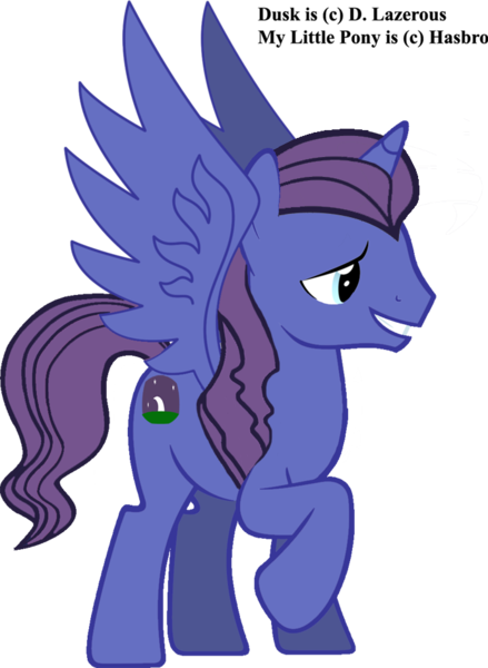 Size: 691x944 | Tagged: safe, artist:dlazerous, artist:etonyoc, artist:kishmond, artist:sirleandrea, derpibooru import, oc, oc:dusk, unofficial characters only, alicorn, pony, alicorn oc, magical lesbian spawn, male, offspring, parent:princess luna, parent:twilight sparkle, parents:twiluna, raised hoof, simple background, solo, stallion, transparent background