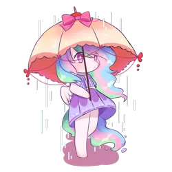 Size: 1515x1515 | Tagged: safe, artist:nitrogenowo, derpibooru import, princess celestia, alicorn, pony, semi-anthro, chibi, clothes, cute, cutelestia, female, mare, rain, simple background, solo, transparent background, umbrella