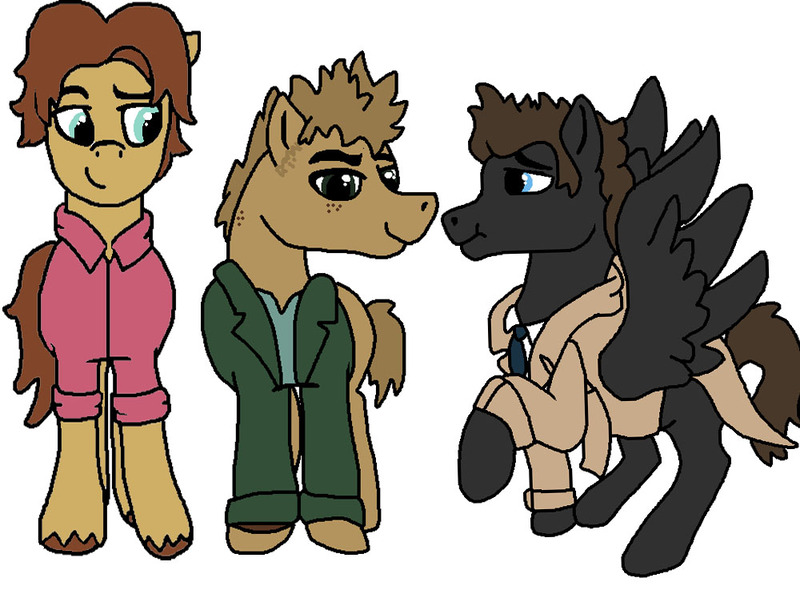 Size: 1000x747 | Tagged: safe, artist:creative-blossom, derpibooru import, earth pony, pegasus, pony, castiel, crossover, dean winchester, group, male, sam winchester, stallion, supernatural, team freewill, trenchcoat