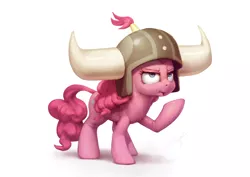 Size: 1200x850 | Tagged: safe, artist:assasinmonkey, derpibooru import, pinkie pie, earth pony, pony, not asking for trouble, female, helmet, honorary yak horns, horned helmet, mare, simple background, solo, viking helmet, white background