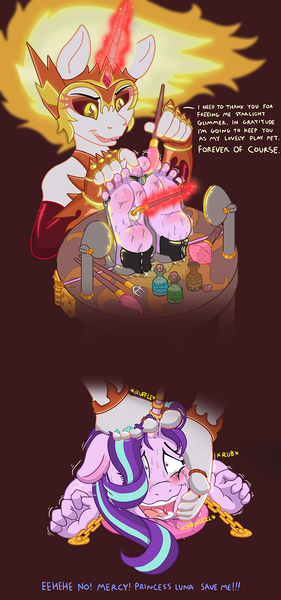 Size: 735x1571 | Tagged: anklet, anthro, a royal problem, artist:caroo, begging, blushing, bondage, brush, chains, clothes, crying, cushion, daybreaker, derpibooru import, domination, dominatrix, drool, erotic tickling, evening gloves, feet, feet on face, female, females only, femdom, fetish, fingerless elbow gloves, floppy ears, foot fetish, foot focus, foot on head, fork, gloves, gold chains, heat, horn ring, lamp, laughing, long gloves, lotion, magic, magic suppression, open mouth, paintbrush, plantigrade anthro, questionable, soles, starlight glimmer, stocks, sweat, tears of laughter, telekinesis, tickle fetish, tickle torture, tickling, toe ring, toe rings, toes, toe tied, tools, wartenberg wheel