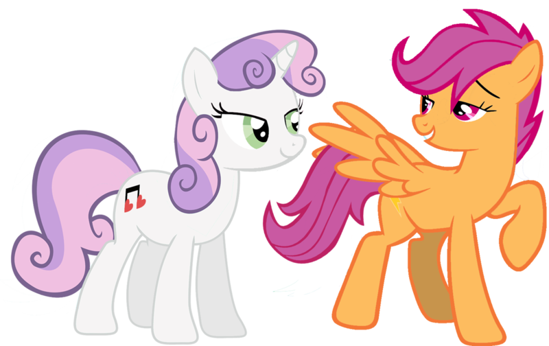 Size: 1193x752 | Tagged: safe, artist:cthulhuandyou, artist:dlazerous, artist:kooner-cz, artist:nyax, artist:speedingturtle, artist:the smiling pony, derpibooru import, edit, vector edit, scootaloo, sweetie belle, pegasus, pony, unicorn, duo, female, lesbian, mare, older, older scootaloo, older sweetie belle, scootabelle, shipping, simple background, transparent background, vector, wrong cutie mark, wrong eye color