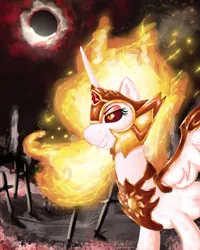 Size: 2800x3500 | Tagged: safe, artist:gab0o0, derpibooru import, daybreaker, alicorn, pony, a royal problem, crossover, dark souls, eclipse, evil grin, grin, smiling, solo