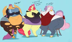 Size: 4841x2817 | Tagged: absurd resolution, alternate hairstyle, anthro, apple blob, apple bloom, artist:mangoicy, bbw, bingo wings, cutie mark crusaders, derpibooru import, dialogue, fat, impossibly wide hips, morbidly obese, obese, older, safe, scootalard, scootaloo, smoking, ssbbw, sweetie belle, sweetie belly, wide hips