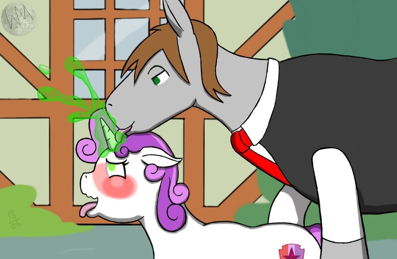 Size: 1189x777 | Tagged: questionable, artist:wyntermoon, derpibooru import, sweetie belle, oc, oc:brushed brew, pony, unicorn, age difference, canon x oc, clothes, cutie mark, cutie mark crusaders, embarrassed, exhibitionism, female, filly, foalcon, horn, horngasm, hornjob, humiliation, licking horn, magical unicorn mayonnaise, male, orgasm, public sex, sex, stallion, straight, the cmc's cutie marks
