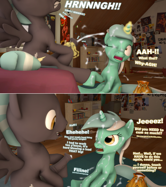 Size: 1920x2164 | Tagged: explicit, artist:moorsheadfalling, derpibooru import, lyra heartstrings, thunderlane, pegasus, pony, unicorn, 3d, angry, annoyed, big penis, comic, cum, cum on body, cum on hair, cumming, dialogue, duo, excessive cum, facial, female, handjob, lyralane, magic, magical stimulation, male, masturbation, nudity, penis, source filmmaker, straight, text