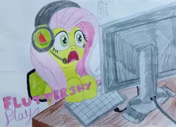 Size: 1049x761 | Tagged: safe, artist:malevolentsamson, artist:psygcosis507, derpibooru import, fluttershy, pegasus, pony, computer, female, headphones, mare, open mouth, solo, traditional art