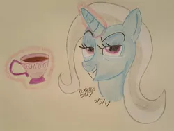 Size: 1027x777 | Tagged: safe, artist:malevolentsamson, artist:psygcosis507, derpibooru import, trixie, pony, unicorn, bust, cup, female, grin, mare, no second glances, smiling, smirk, solo, teacup, that pony sure does love teacups, traditional art