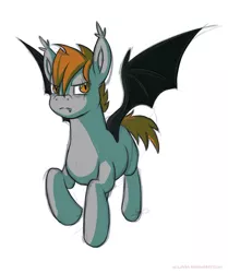 Size: 1024x1223 | Tagged: safe, artist:nolhyaa, derpibooru import, oc, oc:frostborn, unofficial characters only, bat pony, pony, ear fluff, fangs, male, present, scar, signature, simple background, slit eyes, solo, stallion, white background