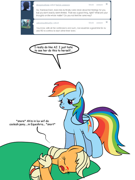 Size: 600x800 | Tagged: safe, artist:dekomaru, derpibooru import, applejack, rainbow dash, pony, tumblr:ask twixie, ask, implied appledash, implied lesbian, implied shipping, sad, sleeping, tumblr