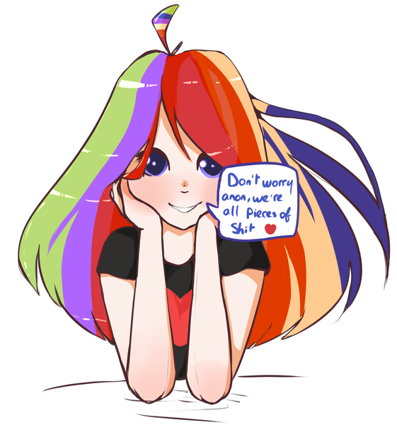 Size: 1482x1586 | Tagged: artist:fluffleduckle, derpibooru import, female, human, humanized, oc, oc:anon, rainbow dash, safe, simple background, solo, talking to viewer, vulgar, white background