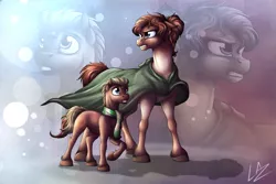 Size: 1024x683 | Tagged: safe, artist:lupiarts, derpibooru import, oc, oc:erik klausen, oc:fiona, unofficial characters only, pony, clothes, fanart, klausen, scarf