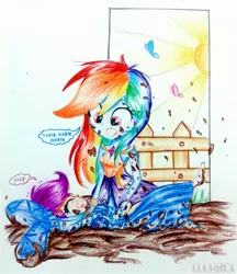 Size: 1920x2226 | Tagged: safe, artist:liaaqila, derpibooru import, rainbow dash, scootaloo, equestria girls, for whom the sweetie belle toils, make new friends but keep discord, clothes, commission, costume, crying, cute, dirty, dress, gala dress, laughing, mud, rainbow dash always dresses in style, scootalove, simple background, tears of laughter, tickling, traditional art, white background