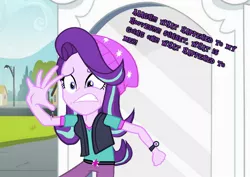 Size: 1272x900 | Tagged: safe, artist:epiccartoonsfan, derpibooru import, edit, edited screencap, screencap, starlight glimmer, equestria girls, mirror magic, spoiler:eqg specials, beanie, clothes, hat, solo, vest, watch, wristwatch