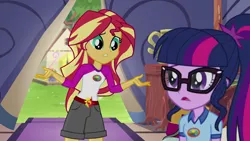 Size: 1280x720 | Tagged: safe, derpibooru import, screencap, sci-twi, sunset shimmer, twilight sparkle, equestria girls, legend of everfree, camp everfree outfits, clothes, glasses, open mouth, shorts, tent