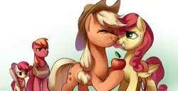 Size: 1560x800 | Tagged: safe, artist:luciferamon, derpibooru import, apple bloom, applejack, big macintosh, strawberry sunrise, earth pony, pegasus, pony, honest apple, apple, baseball bat, female, food, imminent abuse, imminent beatdown, intimidating, quartet, this will end in pain and/or tears