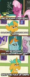 Size: 400x1000 | Tagged: safe, derpibooru import, edit, edited screencap, screencap, cheerilee, snails, snips, sweetie belle, twist, pony, unicorn, the cart before the ponies, caption, colt, image macro, male, meme, ponyville schoolhouse, school, vulgar