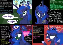 Size: 4823x3445 | Tagged: safe, artist:darkest-lunar-flower, derpibooru import, princess luna, oc, alicorn, earth pony, pony, unicorn, naughty luna, absurd resolution, aeiou, angry, blushing, crying, do not want, dungeon, female, male, mare, naughty, nauseous, nightmare, ptsd, scared, stallion, sweatdrop, teary eyes