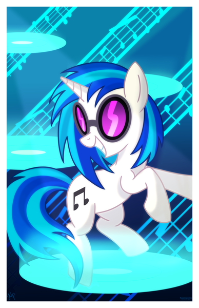 Size: 1024x1583 | Tagged: safe, artist:kazziepones, derpibooru import, vinyl scratch, pony, unicorn, female, grin, mare, music notes, record, smiling, solo, sunglasses