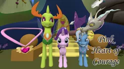 Size: 1280x720 | Tagged: safe, artist:natorni, derpibooru import, discord, starlight glimmer, thorax, trixie, changedling, changeling, draconequus, pony, unicorn, 3d, king thorax, reformed four