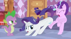 Size: 3507x1949 | Tagged: safe, artist:porygon2z, derpibooru import, rarity, spike, starlight glimmer, dragon, pony, unicorn, abuse, butt bump, butt smash, eyes closed, glimmerbuse, lidded eyes, male, out of character, shipping, shipping denied, smiling, sparity, straight, vector