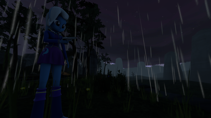 Size: 1024x576 | Tagged: safe, artist:dome2017, derpibooru import, trixie, equestria girls, 3d, gun, rain, solo, weapon