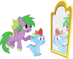 Size: 8303x6748 | Tagged: safe, artist:gray-gold, artist:tamalesyatole, color edit, derpibooru import, edit, vector edit, rainbow dash, spike, ponified, dragon, pegasus, pony, .svg available, absurd resolution, colored, dragoness, dragonified, female, freaking out, hands on head, male, mirror, open mouth, ponified spike, rainbow dragon, raised hoof, reflection, role reversal, simple background, species swap, spread wings, stallion, transparent background, vector, wings