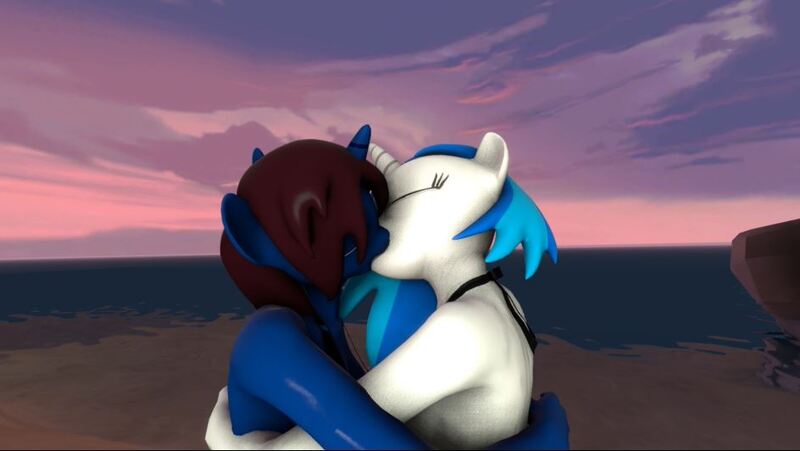 Size: 944x532 | Tagged: suggestive, artist:gr-vinyl-scratch, derpibooru import, vinyl scratch, oc, anthro, earth pony, unicorn, 3d, beach, bikini, breasts, canon x oc, clothes, female, hug, kissing, lesbian, shipping, source filmmaker, swimsuit