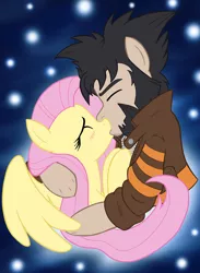 Size: 2389x3269 | Tagged: safe, artist:edcom02, artist:jmkplover, derpibooru import, fluttershy, earth pony, pegasus, pony, anti-hero, blushing, clothes, crossover, crossover shipping, hero, heroine, jacket, kiss on the lips, kissing, marvel, shipping, wolverine, x-men