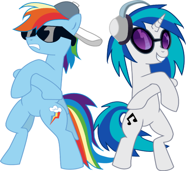 Size: 933x856 | Tagged: safe, artist:quadren4, derpibooru import, rainbow dash, vinyl scratch, pegasus, pony, unicorn, backwards cutie mark, baseball cap, bipedal, cap, duo, duo female, female, glasses, hat, headphones, mare, simple background, sunglasses, transparent background, vector