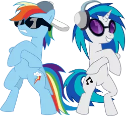 Size: 933x856 | Tagged: safe, artist:quadren4, derpibooru import, rainbow dash, vinyl scratch, pegasus, pony, unicorn, backwards cutie mark, baseball cap, bipedal, cap, duo, duo female, female, glasses, hat, headphones, mare, simple background, sunglasses, transparent background, vector