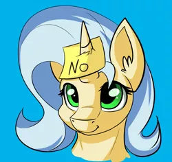 Size: 2215x2092 | Tagged: safe, artist:duop-qoub, derpibooru import, oc, oc:posty, unofficial characters only, pony, unicorn, blue background, bust, female, mare, no, portrait, simple background, smiling, solo, sticky note