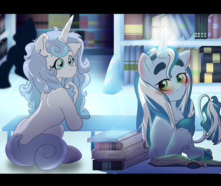 Size: 3507x2953 | Tagged: safe, artist:marukouhai, derpibooru import, princess flurry heart, oc, oc:lapis lazuli, pony, unicorn, blushing, book, disguise, female, high res, magic, magical lesbian spawn, mare, offspring, older, parent:starlight glimmer, parent:trixie, parents:startrix, unshorn fetlocks