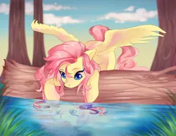 Size: 1024x791 | Tagged: dead source, safe, artist:naminzo, derpibooru import, fluttershy, pegasus, pony, colored pupils, cute, female, mare, prone, reflection, ripple, shyabetes, sky, solo, spread wings, tree, water, wings