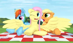 Size: 2432x1434 | Tagged: safe, artist:stillwaterspony, derpibooru import, applejack, fluttershy, rainbow dash, pony, appledashshy, female, lesbian, picnic, picnic blanket, plate, polyamory, preening, shipping, spread wings, wince, wings