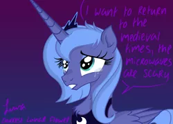 Size: 4823x3445 | Tagged: safe, artist:darkest-lunar-flower, derpibooru import, princess luna, alicorn, pony, absurd resolution, chest fluff, crying, eyelashes, female, fluffy, frown, gradient background, gritted teeth, looking up, mare, medieval, on the moon for too long, s1 luna, sad, scared, solo, text