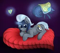 Size: 1800x1600 | Tagged: safe, artist:thexiiilightning, derpibooru import, oc, pony, unicorn, armor, bed, guard, heart shaped bed, helmet, looking at you, male, night guard, smiling, solo