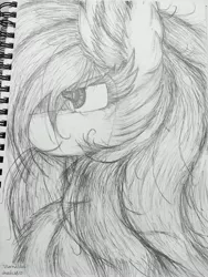 Size: 2951x3928 | Tagged: safe, artist:vanillaswirl6, derpibooru import, rainbow dash, pegasus, pony, big ears, bust, cheek fluff, chest fluff, ear fluff, female, fluffy, grayscale, looking up, mare, messy mane, monochrome, portrait, signature, smiling, solo, traditional art