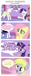 Size: 4094x9809 | Tagged: safe, artist:invictusnoctis, derpibooru import, derpy hooves, fluttershy, rarity, twilight sparkle, twilight sparkle (alicorn), alicorn, pony, absurd resolution, clothes, comic, dialogue, dress, female, mare, meme, ponyquin, speech bubble, the dress, vector, white and gold or black and blue dress meme