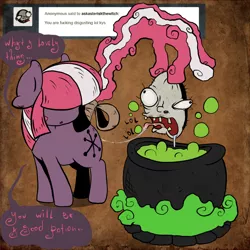 Size: 1000x1000 | Tagged: suggestive, artist:dreadcoffins, derpibooru import, oc, oc:asterisk the witch, unofficial characters only, pony, ask, brew, cauldron, dialogue, disembodied head, drool, drool string, implied cunnilingus, implied oral, implied sex, open mouth, prehensile tail, speech bubble, tail hold, tail wrap, troll, tumblr