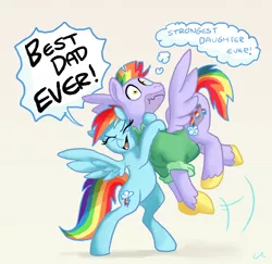 Size: 5600x5447 | Tagged: safe, artist:docwario, derpibooru import, bow hothoof, rainbow dash, pegasus, pony, parental glideance, absurd resolution, backwards cutie mark, bipedal, brown background, chokehug, crushing, dialogue, eyes closed, father and daughter, father's day, female, hug, male, simple background, smiling, spread wings, standing, strong, thought bubble, wavy mouth, wings, yelling