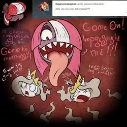 Size: 1000x1000 | Tagged: safe, artist:dreadcoffins, derpibooru import, princess celestia, oc, oc:asterisk the witch, alicorn, pony, princess molestia, an egg being attacked by sperm, ask, bust, crown, crying, cum, dialogue, egg, egg cell, impregnation, jewelry, long tongue, open mouth, regalia, role reversal, running, scared, speech bubble, sperm being attacked by an egg, spermatozoon, sweat, tongue out, tumblr