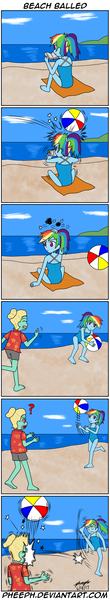 Size: 515x2801 | Tagged: safe, artist:pheeph, derpibooru import, rainbow dash, zephyr breeze, equestria girls, alternate hairstyle, beach, beach ball, book, clothes, comic, equestria girls-ified, kick, old master q, parody, ponytail, swimsuit